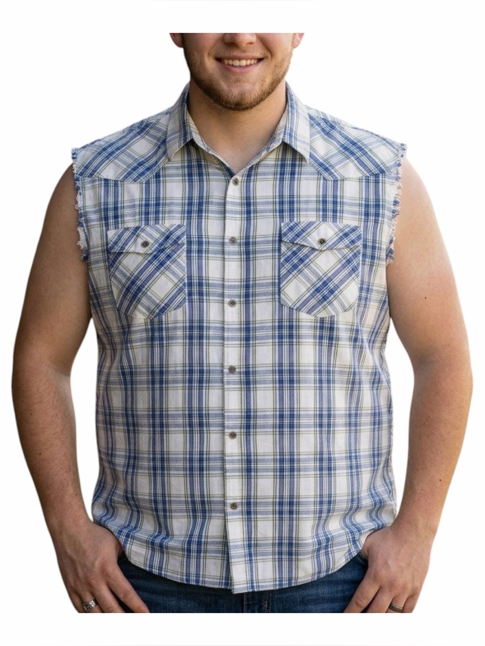 RK Brand Blue Plaid Cotton Button-Up Shirt Sleeveless Men’s 3XL NWOT
